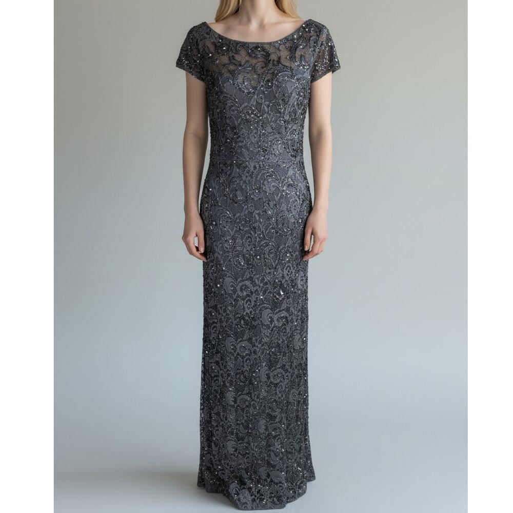 Adrianna Papell Beaded Lace Gown Gray Formal Evening Dress Size 4